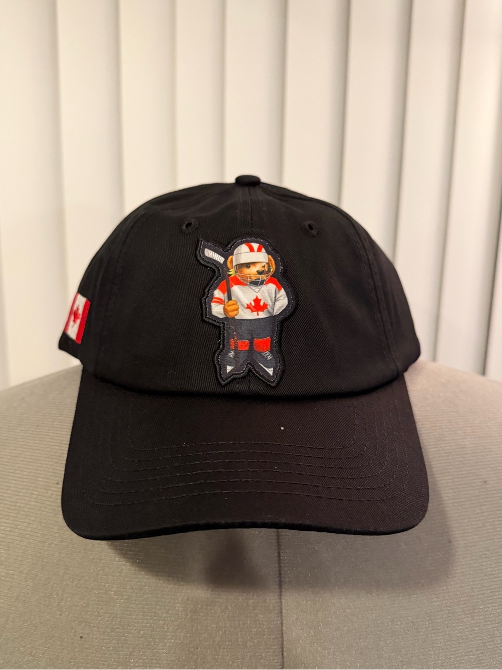 Market Studios - Black Hockey Bear Baseball Cap with Canadian Maple Leaf